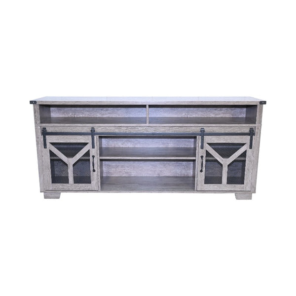 English Elm 65.3" TV Stand with LED Ambience, Sliding Iron Mesh Barn Doors, Y-Accent Rustic Farmhouse Storage Antique Gray W1412P271801