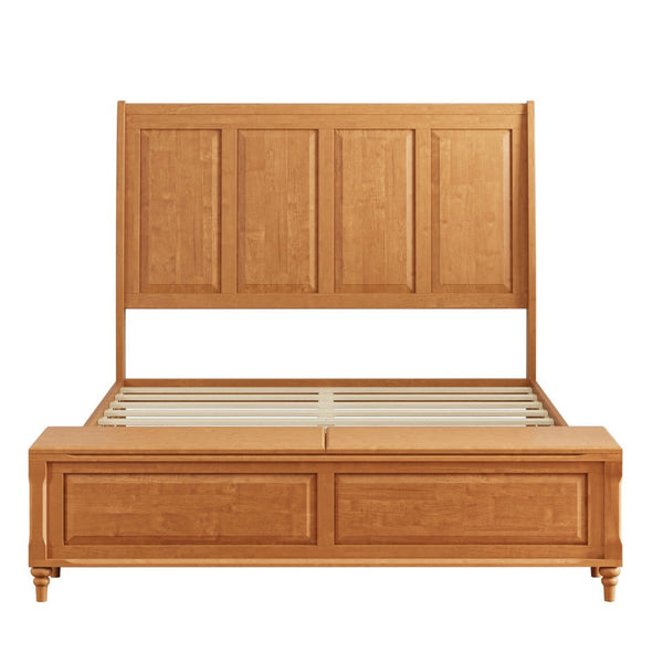 English Elm Queen Sleigh Bed Solid Rubberwood Walnut Finish Curved Headboard Footboard Storage Bench W1716S00035