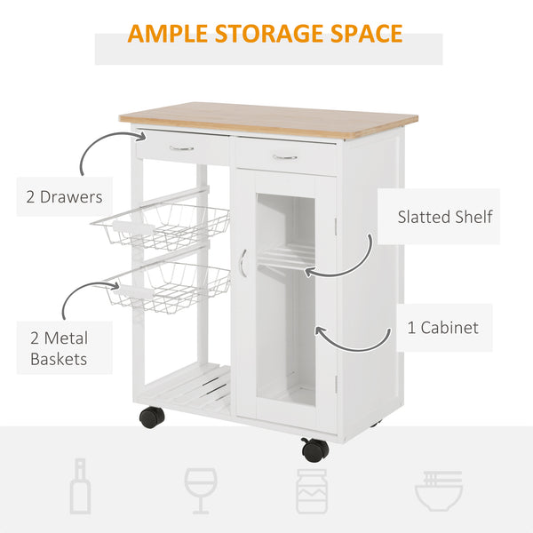 English Elm HOMCOM 28" Rolling Kitchen Island Cart with Bamboo Top, Wire Baskets, Drawers & Locking Wheels W2225P249927
