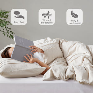 JLA Home Comfort Spaces - Soft Washed Pleated Duvet Cover Set with OEKO-TEX Soft Microfiber, Grid Pinch-Pleat, Button Closure, Breathable All-Season Comfort Neutral AM12-0039