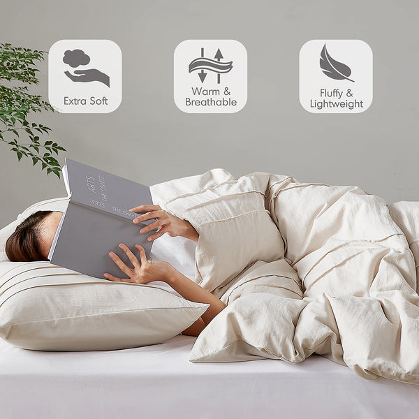 JLA Home Comfort Spaces - Soft Washed Pleated Duvet Cover Set with OEKO-TEX Soft Microfiber, Grid Pinch-Pleat, Button Closure, Breathable All-Season Comfort Neutral AM12-0039