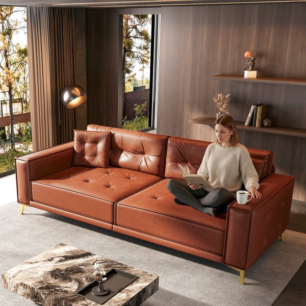 English Elm 92.1"King 3-in-1 Convertible Sleeper Sofa Bed with Tufted Faux Leather, Ultra-Wide Arms, 4-Seater Couch Light Brown W1885S00209