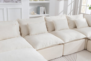 English Elm 129.8" Wide Modular Cloud Sectional Cotton Linen Sofa with Deep Foam Seats and Ottomans Antique White W2530S00016