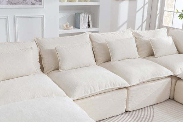 English Elm 129.8" Wide Modular Cloud Sectional Cotton Linen Sofa with Deep Foam Seats and Ottomans Antique White W2530S00016
