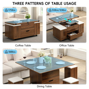 English Elm Christopher Knight Home® - Multi-Functional Lift-Top Coffee Table with Hidden Storage, 4 Stools, Lockable Casters & Desk Space Walnut,White N770P309783W