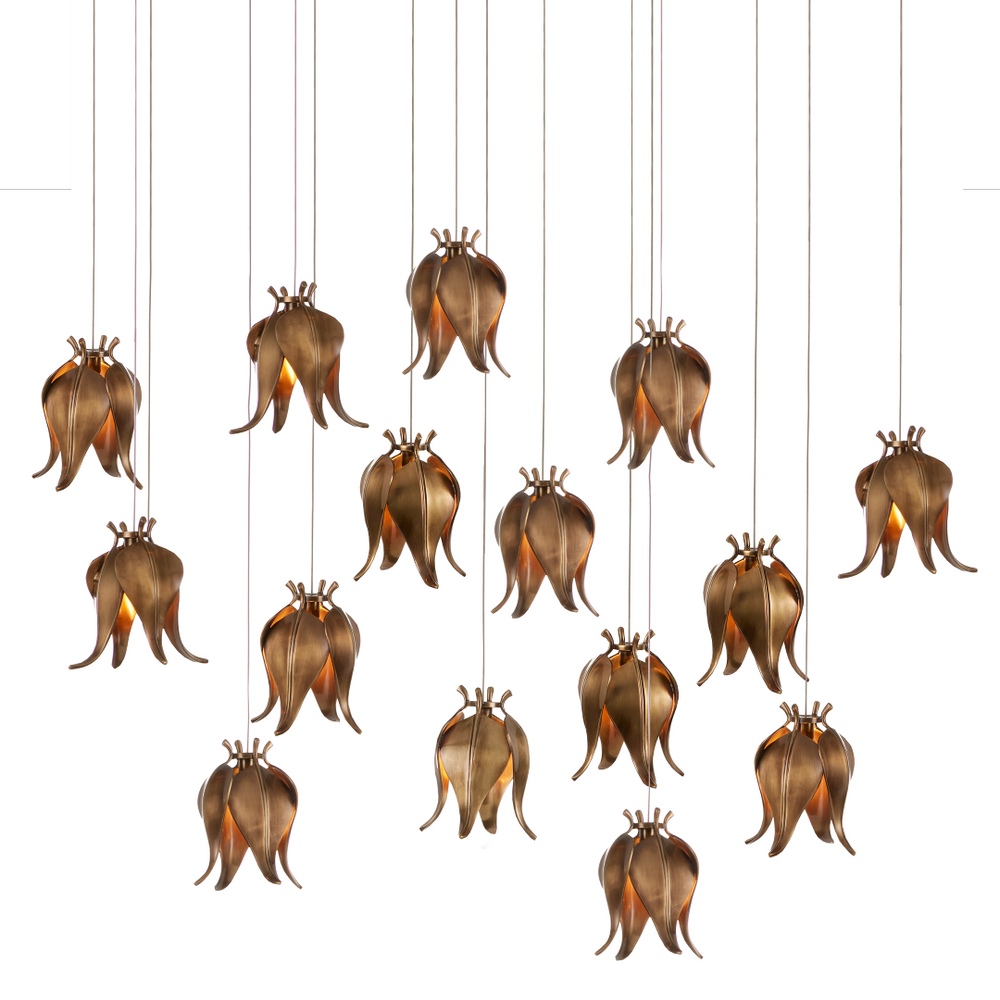 Iota 15-Light Rectangular Pendant with Antique Brass Shades for Stunning Indoor Illumination