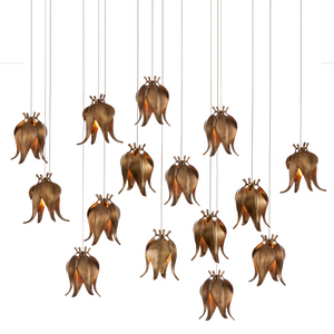 Iota 15-Light Rectangular Pendant with Antique Brass Shades for Stunning Indoor Illumination