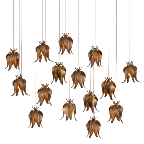 Iota 15-Light Rectangular Pendant with Antique Brass Shades for Stunning Indoor Illumination