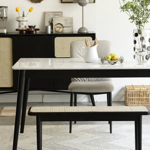 English Elm Modern Solid Oak Rattan Bench in Black for Entryway, Dining or End of Bed – Breathable Handwoven Seat W1283P289377