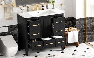 English Elm 36'' Bathroom Vanity with Resin Sink, Solid Wood Frame, 5 Drawers, Soft-Close Doors, Gold Knobs, Spacious Storage Black SW000142AAB-1