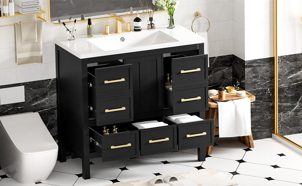 English Elm 36'' Bathroom Vanity with Resin Sink, Solid Wood Frame, 5 Drawers, Soft-Close Doors, Gold Knobs, Spacious Storage Black SW000142AAB-1