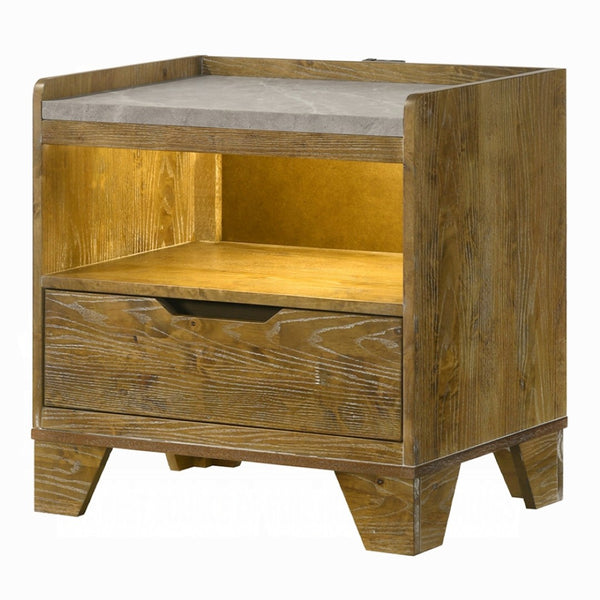 English Elm Transitional Aspen Brown Wood Nightstand with Led Shelf Usb Charging and Storage Drawer B2741P411507