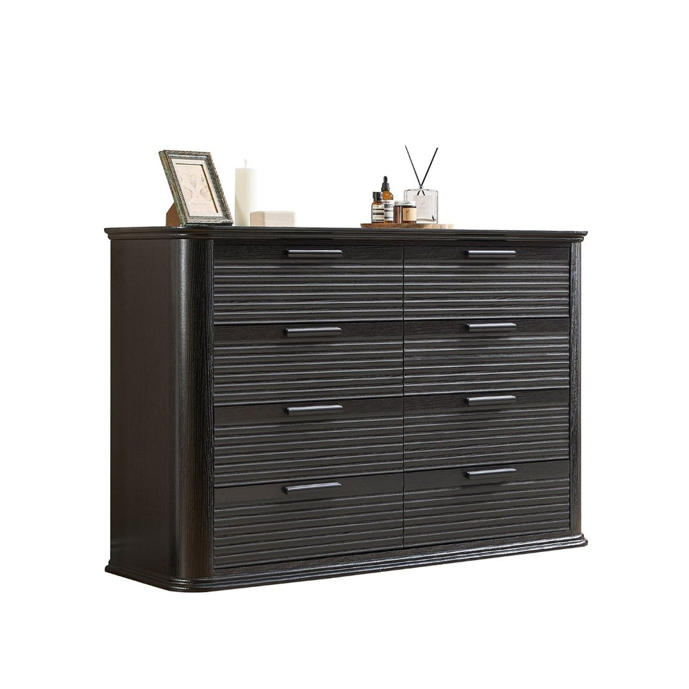 English Elm Fluted Wave Panel 7 Drawer Mdf Dresser Modern Bedroom Storage with Tv Stand Top Black Woodgrain T5326P425098