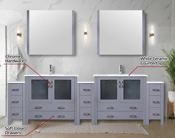 English Elm Dark Grey Double Bath Vanity 108 in with Side Cabinets, White Ceramic Top, Mirrors & Chrome Faucet Set B2731S01221