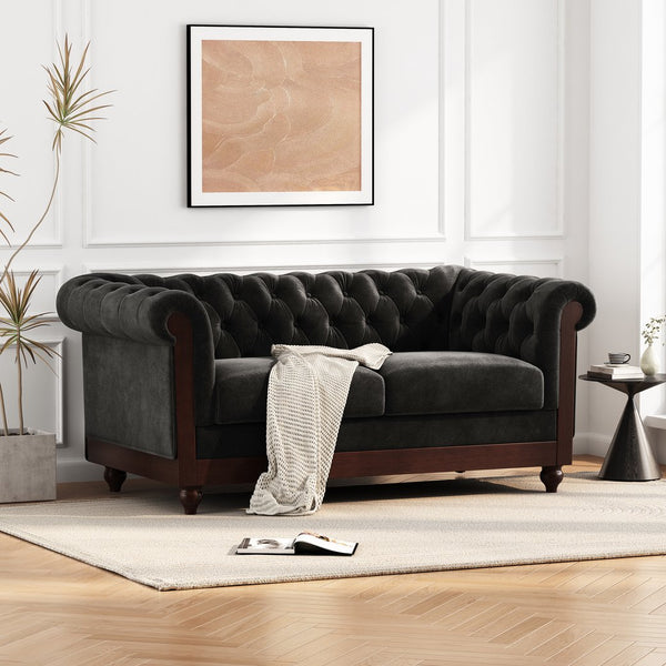 English Elm Christopher Knight Home® - VIVALUX Chesterfield Velvet Loveseat Sofa with Rolled Arms Tufted Buttons Plush 2-Seater Comfort 59.4" Black N762P178705B