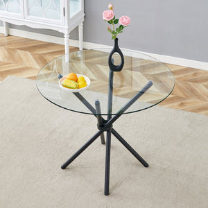 English Elm A Round Tempered Glass Dining Table with Sculptural Black Metal Legs for Modern Spaces W1151P411356