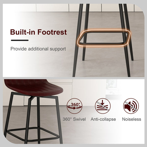 English Elm Modern Bar Stools 360° Swivel PU Seats with Back, Metal Legs, 25.6" Counter Height, Dark Brown Set of 2 W2699P358874