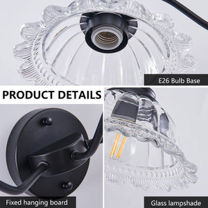English Elm 24 Vintage 3-Light Bathroom Wall Sconce with Iron and Glass Shades - Elegant Vanity Fixture for Mirror Black W1340P284601