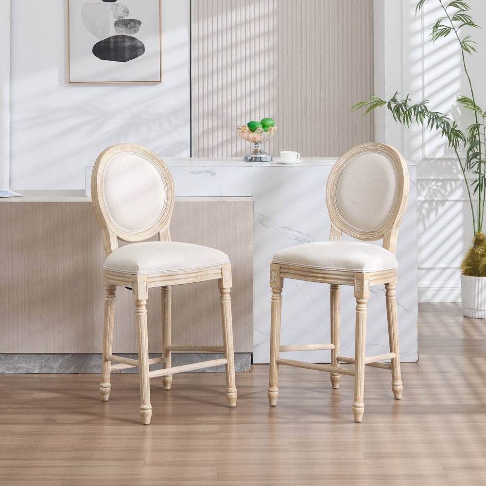 English Elm French Country 26'' Bar Chairs Set Of 2, Upholstered Comfort With Round Back, Vintage Elegance, Beige W3426P324574
