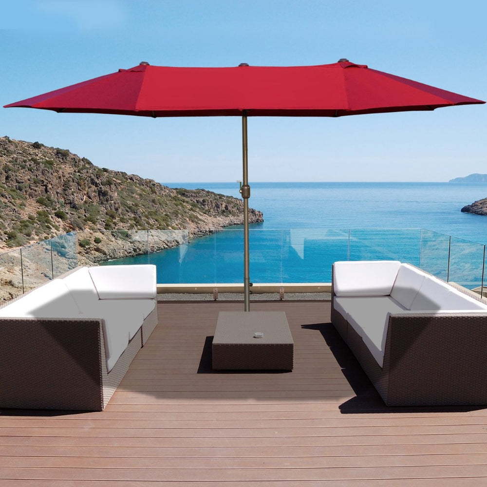 English Elm Outsunny 15' Double-Sided Patio Umbrella - Stylish Wine Red Shade With Easy Crank & Durable Steel Frame W2225P174266-GIGA