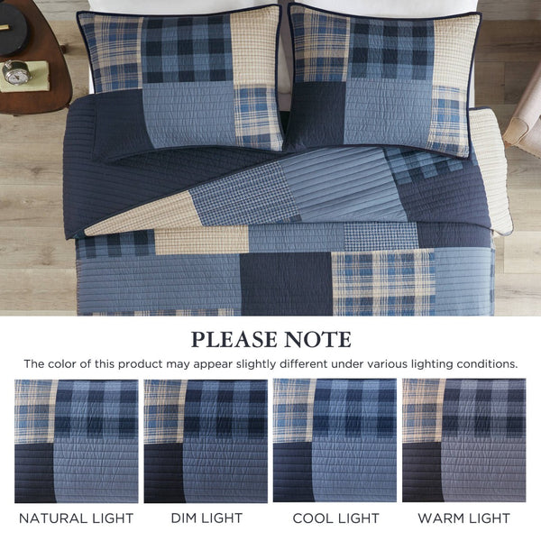 English Elm 3-piece Patchwork Cotton Quilt Set Navy Denim Plaid Coastal Bedroom Bedding B035P463257