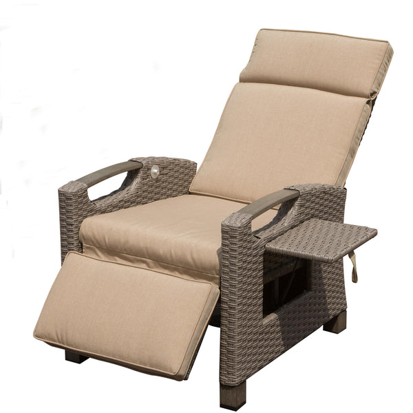 English Elm Outdoor Recliner Chair with Hand‑Woven Resin Wicker, Built‑In Flip Table, Thick Cushions, 150° Recline Beige W1859P196426