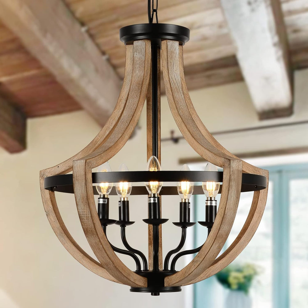 English Elm 19" Farmhouse 5-Light Wood Chandelier, Height Adjustable Pendant or Flush Mount, Rustic Brown Elegance W2738P185399