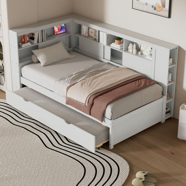 English Elm Twin Daybed with Built-In Shelves, USB Port & Trundle — Solid Pine Frame, Sturdy Storage and Smooth Wheels for Space-Saving Sleep Solutions White GX000467AAK