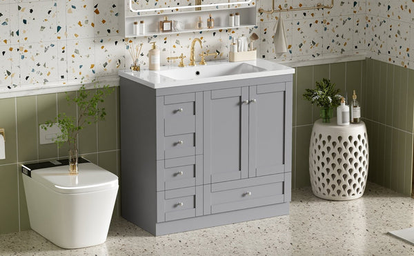 English Elm 36 Inch Shaker Bathroom Vanity with Resin Sink Four Soft Close Drawers Mdf Cabinet Gray N729P000028E