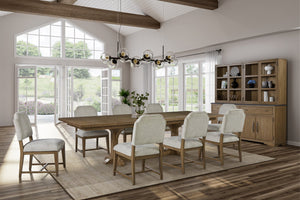 English Elm Trestle Solid Wood Dining Table with Hickory Geometric Veneer Top, Extends 84" to 114" with Leaves Almond 69 L x 27.5 W x 10.5 H B2699S00090