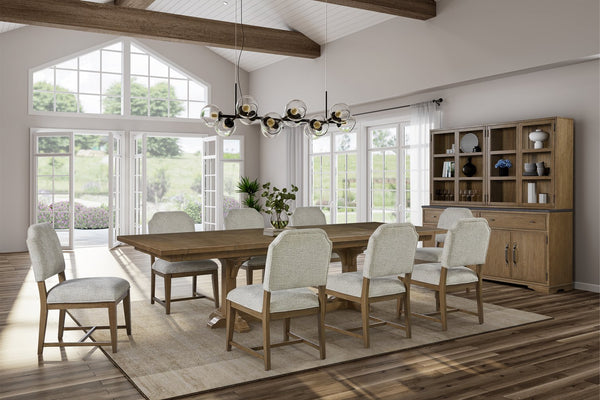 English Elm Trestle Solid Wood Dining Table with Hickory Geometric Veneer Top, Extends 84" to 114" with Leaves Almond 69 L x 27.5 W x 10.5 H B2699S00090