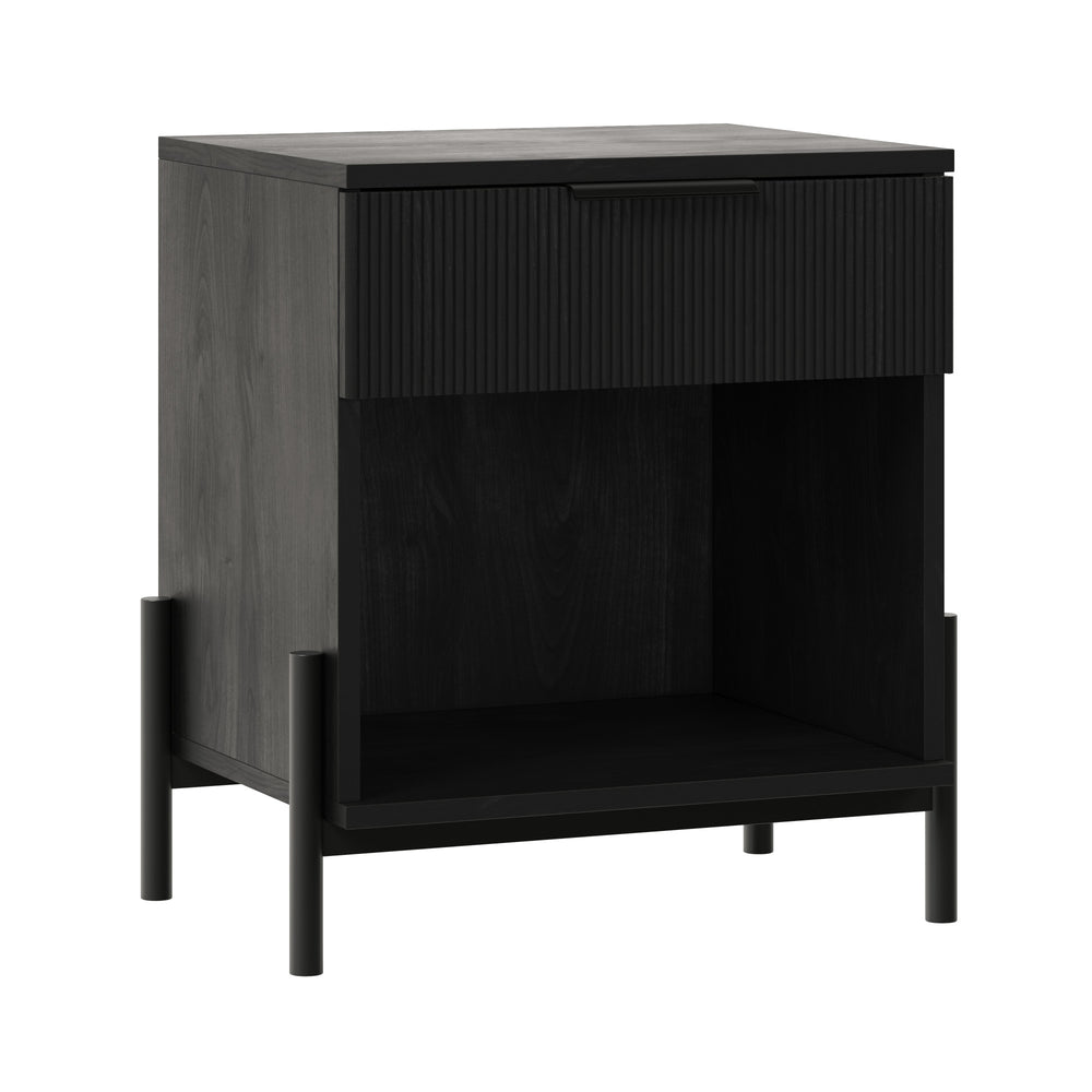 English Elm Walker Edison - Modern Fluted-Drawer Nightstand Black — Boho Minimalist MDF Nightstand with Open Cubby & Metal Legs B185P168922