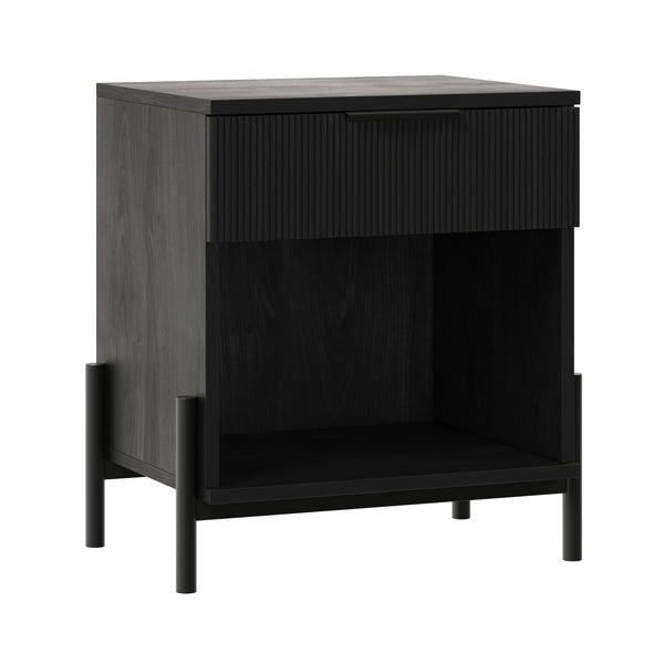 English Elm Walker Edison - Modern Fluted-Drawer Nightstand Black — Boho Minimalist MDF Nightstand with Open Cubby & Metal Legs B185P168922