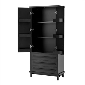 English Elm 70" Tall Pantry Cabinet Rubberwood Legs Three Drawers Six Door Shelves Kitchen Storage Black N762P326960B