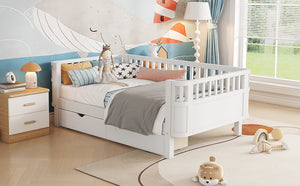 English Elm Twin Solid Wood Platform Bed with Guardrail for Kids, Low-Profile Sturdy Pine Frame, Safe Sleep Solution White 69.69 L x 18.5 W x 7.68 H W2593P331678