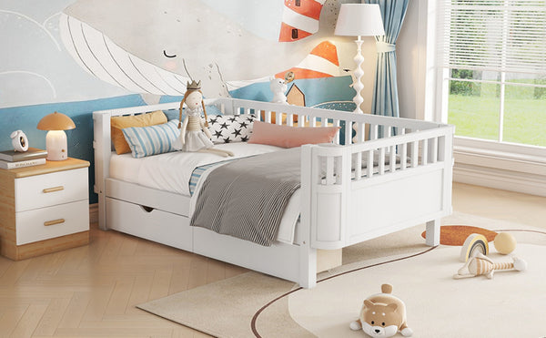 English Elm Twin Kids Platform Bed Solid Pine White Finish with Storage Drawers and Safety Rails W2593P409364