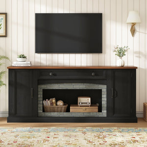 English Elm Elegant Walnut Media Console with Gray Brick Base Open Bay and Adjustable Shelving Black N721P394506B