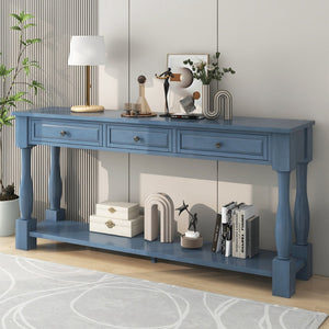 English Elm Trexm Distressed Entryway Console Table Three Drawers Open Shelf Mediterranean Wood Navy N715P372052M