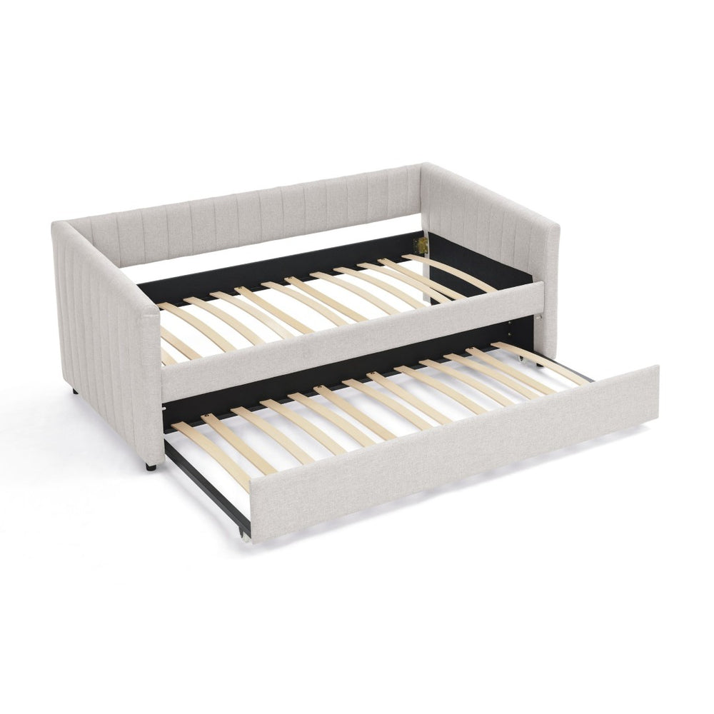 English Elm Twin Size Daybed With Trundle - Elegant Upholstered Sofa Bed In Beige Linen With Stripes, Space-Saving W1413S00090-GIGA