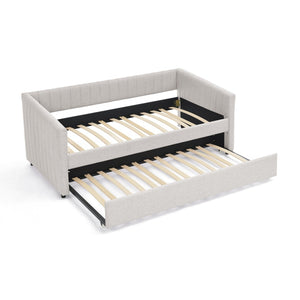 English Elm Twin Size Daybed With Trundle - Elegant Upholstered Sofa Bed In Beige Linen With Stripes, Space-Saving W1413S00090-GIGA