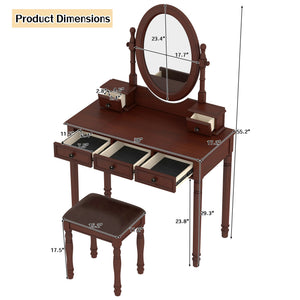 English Elm Vanity Vintage Wooden Makeup Desk with 180° Adjustable Mirror, 5 Velvet‑Lined Drawers & Cushioned Stool Walnut 52.7 L x 22.5 W x 11 H N733P305139D
