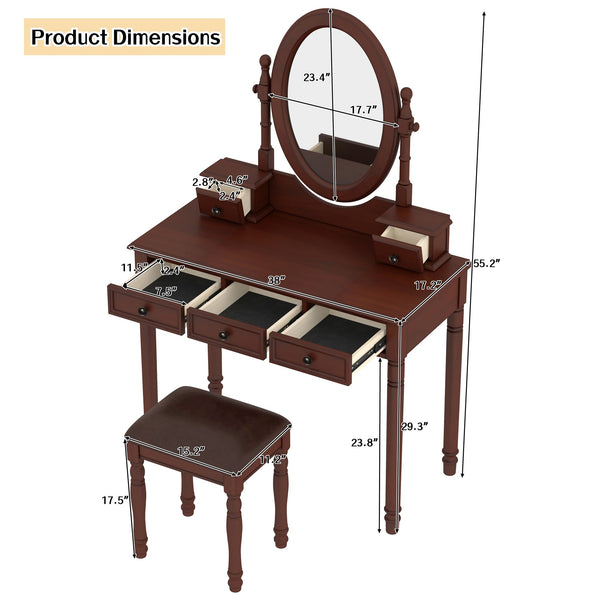 English Elm Vanity Vintage Wooden Makeup Desk with 180° Adjustable Mirror, 5 Velvet‑Lined Drawers & Cushioned Stool Walnut 52.7 L x 22.5 W x 11 H N733P305139D