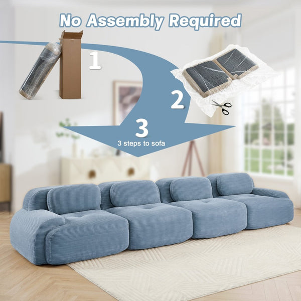 English Elm 4-seat Modular Corduroy Sectional Sofa Low Profile Ergonomic Living Room Seating Blue W714S01252