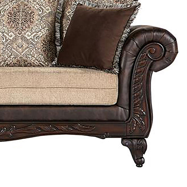 English Elm Brookridge Traditional Rolled Arm Sofa in Brown Faux Leather & Fabric, Ornate Wood Trim, 93" Wide B062P354077