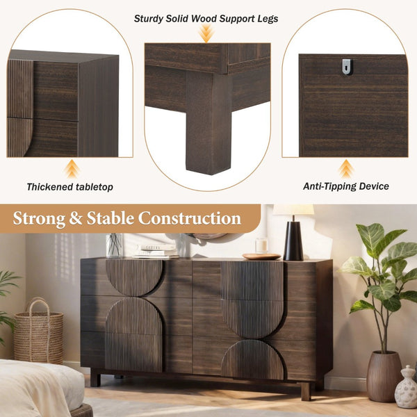English Elm Modern Fluted 6 Drawer Dresser with Solid Wood Legs Japandi Chest for Bedroom Dark Brown N739S0000013D