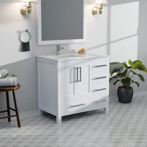 English Elm White 36 in. Bath Vanity with Left Offset White Quartz Top, Faucet Set, Soft-Close Drawers & Storage B2731P259019
