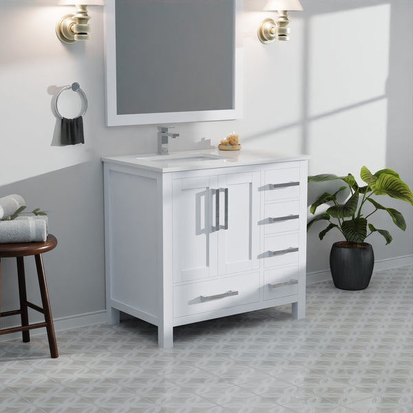 English Elm White 36 in. Bath Vanity with Left Offset White Quartz Top, Faucet Set, Soft-Close Drawers & Storage B2731P259019