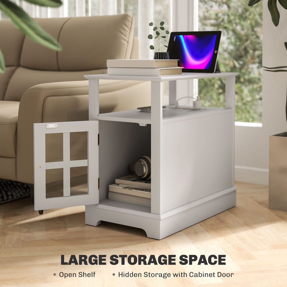 English Elm HOMCOM Narrow End Table with Built-In Charging Station, Hidden Glass Storage and Open Shelf Elegance White W2225P229463