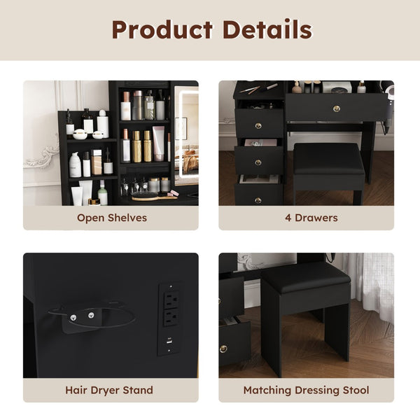 English Elm Modern Vanity Desk with Led Lighting Four Drawers Glossy Mdf and Dressing Chair W509P465829