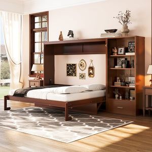 English Elm Queen Murphy Bed with Built-In Shelves, Height-Adjustable Storage & Drawer for Small Spaces Walnut 71.6 L x 21.5 W x 6.1 H N733S309223D